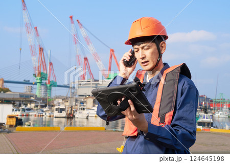 タブレットを見ながら通話する港湾作業員 タブレットを見ながら通話する港湾作業員 124645198