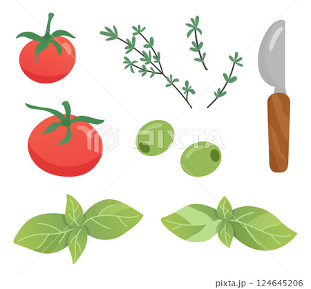 Tomatoes, basil, olives, thyme cartoon flat style. Cheese knife. Elements of food and snack decor. Vector illustration Tomatoes, basil, olives, thyme cartoon flat style. Cheese knife. Elements of food and snack decor. Vector illustration 124645206