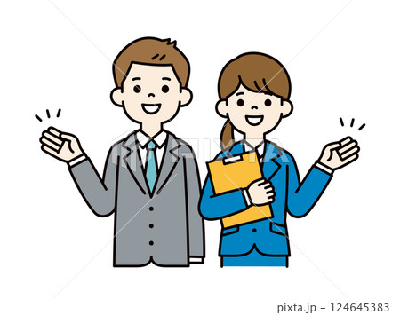 手を添えて説明する、若い男女の会社員のベクターイラスト素材__線の編集可能_カラー 手を添えて説明する、若い男女の会社員のベクターイラスト素材__線の編集可能_カラー 124645383