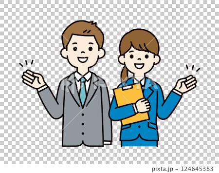 年輕男女辦公室職員用手解釋的向量插圖_可進行行編輯_顏色 年輕男女辦公室職員用手解釋的向量插圖_可進行行編輯_顏色 124645383