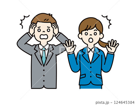ビックリする、若い男女の会社員のベクターイラスト素材__線の編集可能_カラー ビックリする、若い男女の会社員のベクターイラスト素材__線の編集可能_カラー 124645384