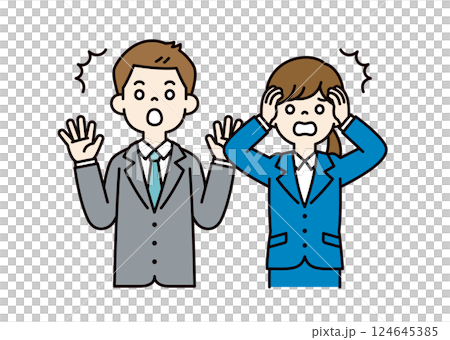 年輕男性和女性辦公室職員驚慌失措的向量插圖_可進行行編輯_顏色 124645385