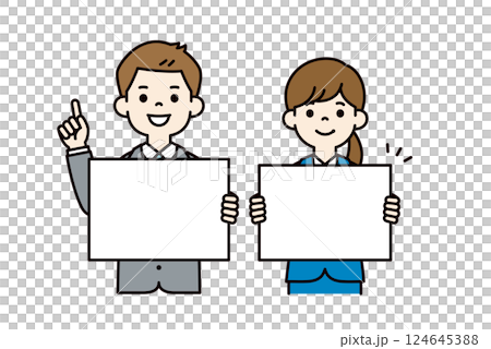 向量插圖：年輕男女辦公室職員手持留言板_可進行行編輯_顏色 124645388