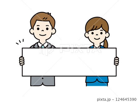 長いメッセージボードを持つ、若い男女の会社員のベクターイラスト素材＿＿線の編集可能＿カラー 124645390