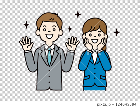 Vector illustration of young male and female office workers happy with a surprise _ _ Line editing possible _ Color 124645394