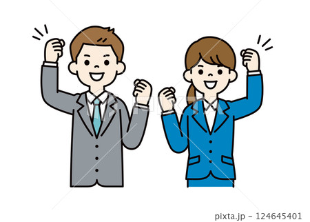 両手でガッツポーズをする、若い男女の会社員のベクターイラスト素材__線の編集可能_カラー 両手でガッツポーズをする、若い男女の会社員のベクターイラスト素材__線の編集可能_カラー 124645401