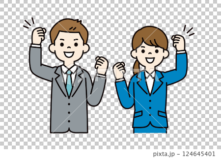 両手でガッツポーズをする、若い男女の会社員のベクターイラスト素材__線の編集可能_カラー 両手でガッツポーズをする、若い男女の会社員のベクターイラスト素材__線の編集可能_カラー 124645401