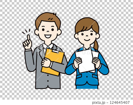 ポイントを解説する、若い男女の会社員のベクターイラスト素材＿＿線の編集可能＿カラー 124645407