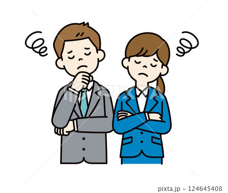 目を閉じて考える、若い男女の会社員のベクターイラスト素材＿＿線の編集可能＿カラー 124645408