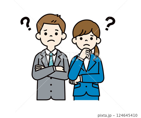 はてなマークと、困り顔の若い男女の会社員のベクターイラスト素材__線の編集可能_カラー はてなマークと、困り顔の若い男女の会社員のベクターイラスト素材__線の編集可能_カラー 124645410