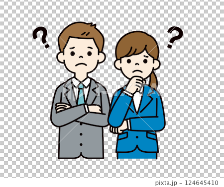 はてなマークと、困り顔の若い男女の会社員のベクターイラスト素材__線の編集可能_カラー はてなマークと、困り顔の若い男女の会社員のベクターイラスト素材__線の編集可能_カラー 124645410