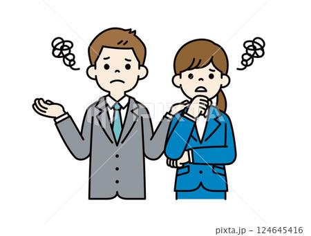 困り果てる、若い男女の会社員のベクターイラスト素材＿＿線の編集可能＿カラー 124645416