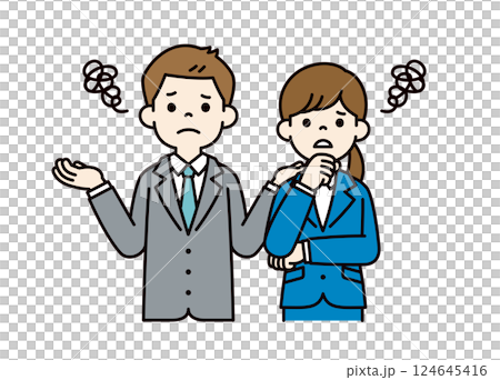 困り果てる、若い男女の会社員のベクターイラスト素材＿＿線の編集可能＿カラー 124645416