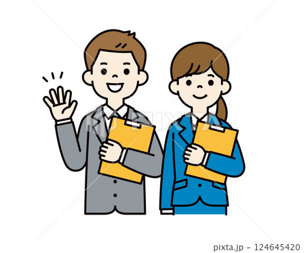 資料を片手に挨拶する、若い男女の会社員のベクターイラスト素材__線の編集可能_カラー 資料を片手に挨拶する、若い男女の会社員のベクターイラスト素材__線の編集可能_カラー 124645420