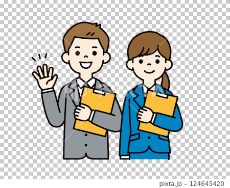 資料を片手に挨拶する、若い男女の会社員のベクターイラスト素材__線の編集可能_カラー 資料を片手に挨拶する、若い男女の会社員のベクターイラスト素材__線の編集可能_カラー 124645420