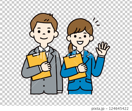 笑顔で提案する、若い男女の会社員のベクターイラスト素材＿＿線の編集可能＿カラー 124645422