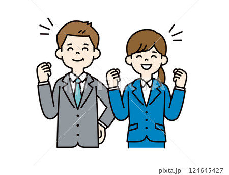 やる気まんまんの、若い男女の会社員のベクターイラスト素材__線の編集可能_カラー やる気まんまんの、若い男女の会社員のベクターイラスト素材__線の編集可能_カラー 124645427