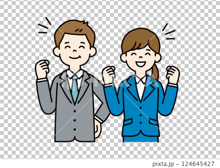 やる気まんまんの、若い男女の会社員のベクターイラスト素材__線の編集可能_カラー やる気まんまんの、若い男女の会社員のベクターイラスト素材__線の編集可能_カラー 124645427