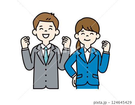 笑顔でガッツポーズをする、若い男女の会社員のベクターイラスト素材＿＿線の編集可能＿カラー 124645429