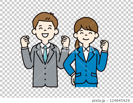 Vector illustration of young male and female office workers smiling and raising their fist in the air _ _ Line editing possible _ Color 124645429