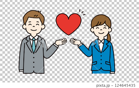 笑顔で大きなハートを持つ、若い男女の会社員のベクターイラスト素材__線の編集可能_カラー 笑顔で大きなハートを持つ、若い男女の会社員のベクターイラスト素材__線の編集可能_カラー 124645435