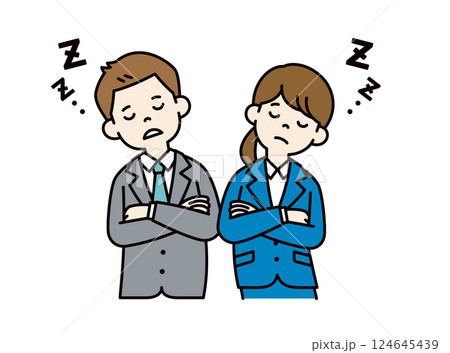 腕を組んで居眠りする、若い男女の会社員のベクターイラスト素材＿＿線の編集可能＿カラー 124645439