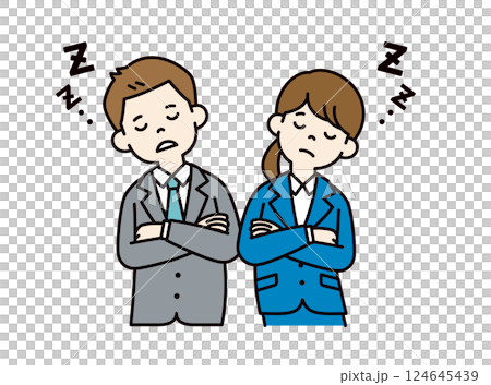 腕を組んで居眠りする、若い男女の会社員のベクターイラスト素材＿＿線の編集可能＿カラー 124645439