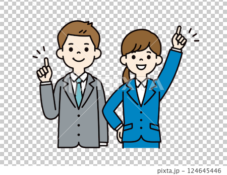 Vector illustration material of young male and female office workers who achieve their goals _ _ Line editing possible _ Color Vector illustration material of young male and female office workers who achieve their goals _ _ Line editing possible _ Color 124645446