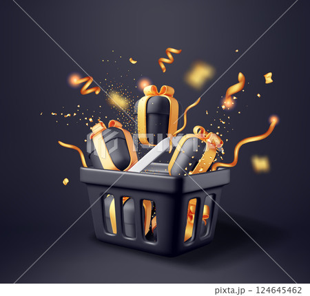 3D Shopping basket with gift boxes in confetti 3D Shopping basket with gift boxes in confetti 124645462