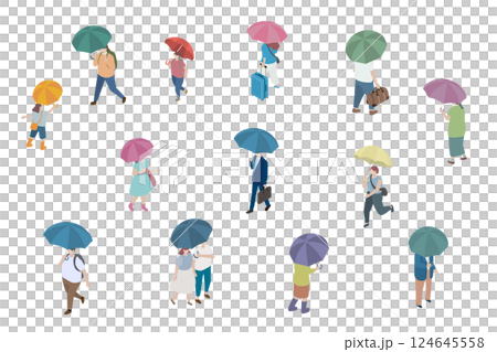 Isometric illustration of people walking with umbrellas, rainy day isometric Isometric illustration of people walking with umbrellas, rainy day isometric 124645558