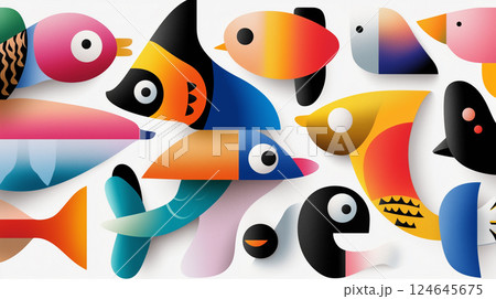 Abstract colorful fish background. Coral reef inhabitants. Art wallpaper 124645675