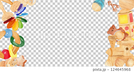 Square frame made from children's toys watercolor illustration: pyramid, train, rattle and dental ring. For birthday greetings and invitation cards, flyers, labels and packages of children's goods. 124645968