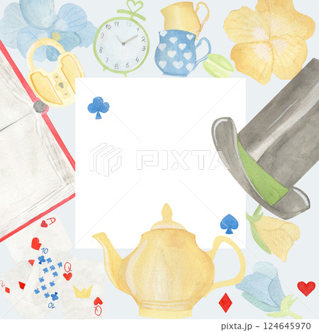 Square frame mad tea party from Alice in wonderland watercolor illustration: open book, teapot, top hat, clock, playing cards, lock, cup. For birthday greetings and invitation cards, flyers, packages Square frame mad tea party from Alice in wonderland watercolor illustration: open book, teapot, top hat, clock, playing cards, lock, cup. For birthday greetings and invitation cards, flyers, packages 124645970