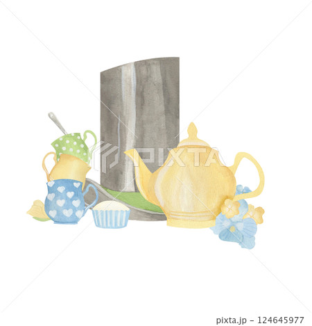 Mad tea party with top hat, yellow teapot. cake and mugs watercolor isolated illustration. pastel blue and green Alice in wonderland clipart in sketch style for floral cards and simple designs. 124645977