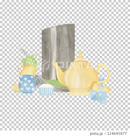 Mad tea party with top hat, yellow teapot. cake and mugs watercolor isolated illustration. pastel blue and green Alice in wonderland clipart in sketch style for floral cards and simple designs. 124645977