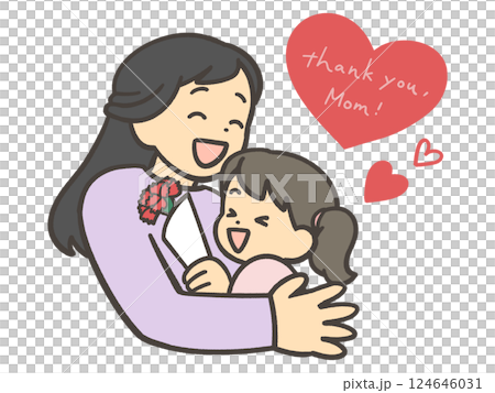 Daughter giving a bouquet of carnations on Mother's Day, hug 124646031