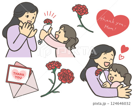 母の日　赤いカーネーションの花束を渡す子どもと母 124646032
