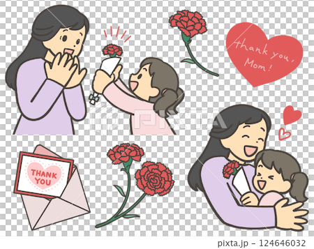 母の日　赤いカーネーションの花束を渡す子どもと母 124646032