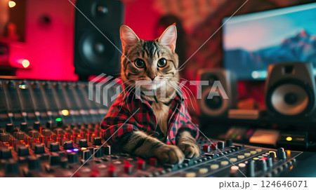 cat sound engineer working at record music studio, animal musician sitting with professional audio mixer console 124646071