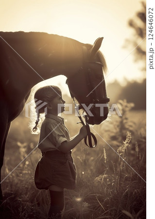cute child playing with horse and hugging, lovely kid embrace and kiss animal, friendship of equine and human 124646072