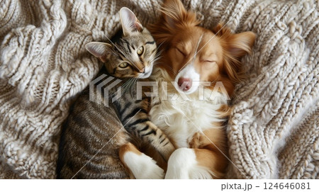 cute domestic pets hugging and sleeping together, friendship of cats and dogs, adorable animals 124646081
