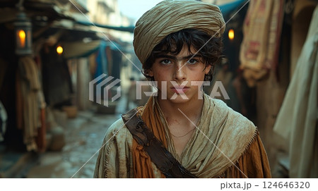 Dramatic cinematic scene of a young orphan boy exploring ancient town streets 124646320