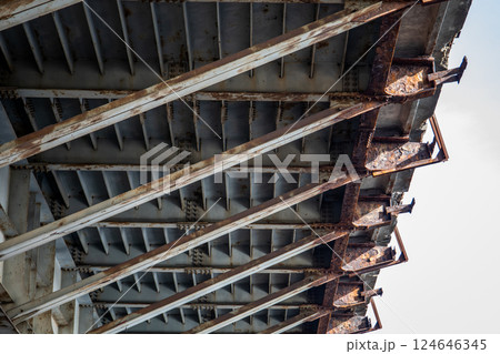 Rusty Bridge Understructure with Metal Beams and Weathered Steel Supports 124646345