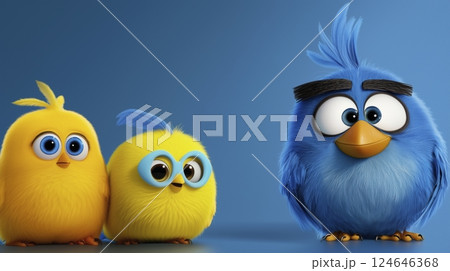 Adorable Cartoon Birds with Colorful Feathers on Blue Background 124646368