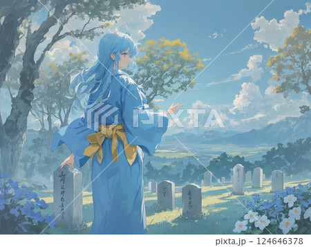 お墓の前で着物をまとった女性が見つめる風景　AI 124646378