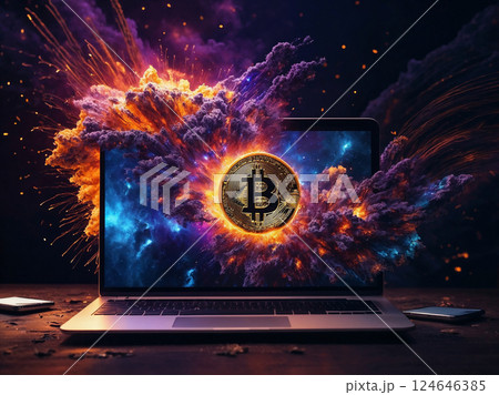 強調されたビットコインの映像　ノートPC　AI 124646385