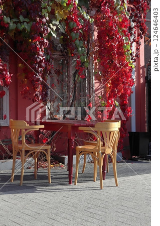 Outdoor cafe in autumn. Street photography. 124646403