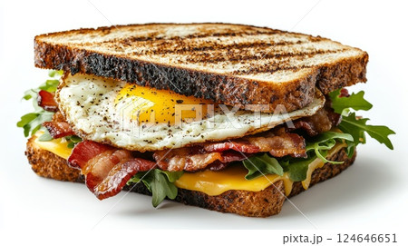 High Quality Ultrasharp Photo of a Delicious Breakfast Sandwich with Bacon, Egg, and Melted Cheese on a Pristine White Background High Quality Ultrasharp Photo of a Delicious Breakfast Sandwich with Bacon, Egg, and Melted Cheese on a Pristine White Background 124646651
