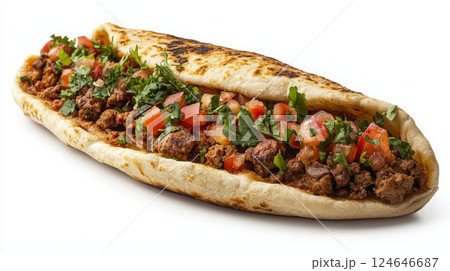 High resolution photo of freshly baked homemade pita bread displayed elegantly on a crisp white background High resolution photo of freshly baked homemade pita bread displayed elegantly on a crisp white background 124646687