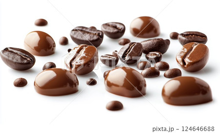 High resolution photo of milk, coffee and chocolate droplets expertly isolated on a pristine white background 124646688